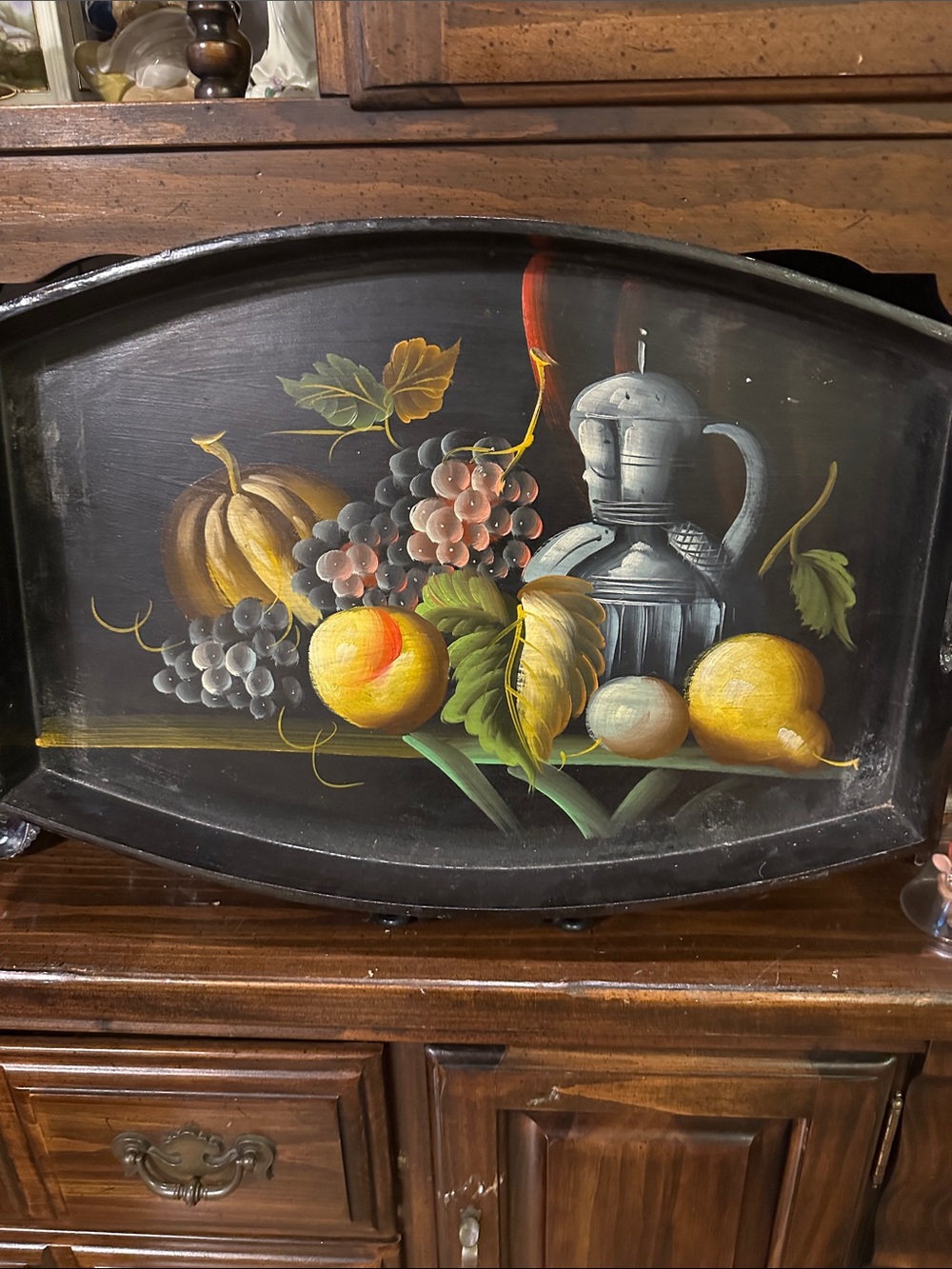 Hand-Painted Vintage Fruit & Pitcher Tray - Black Background